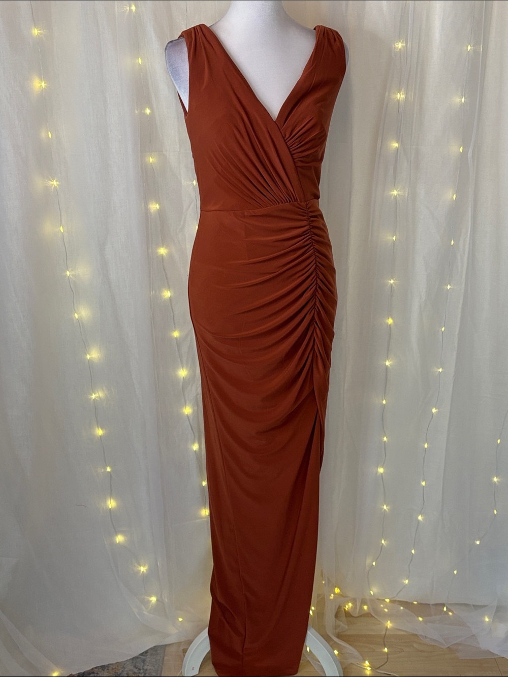 Sleeveless Ruched Maxi Dress in Rust
